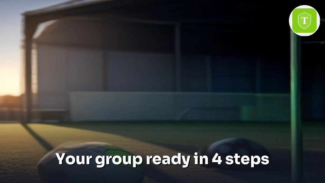 Ball on the sideline of a court at dusk with the words: your group ready in 4 stages